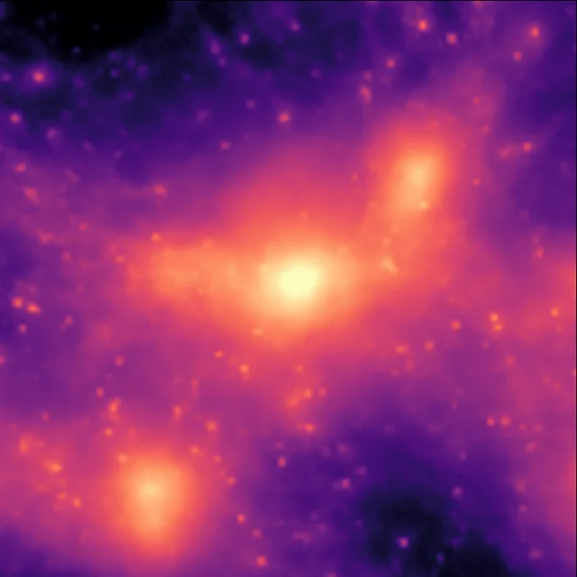 Gas field of the same merging cluster generated by BIND from the dark-matter-only input