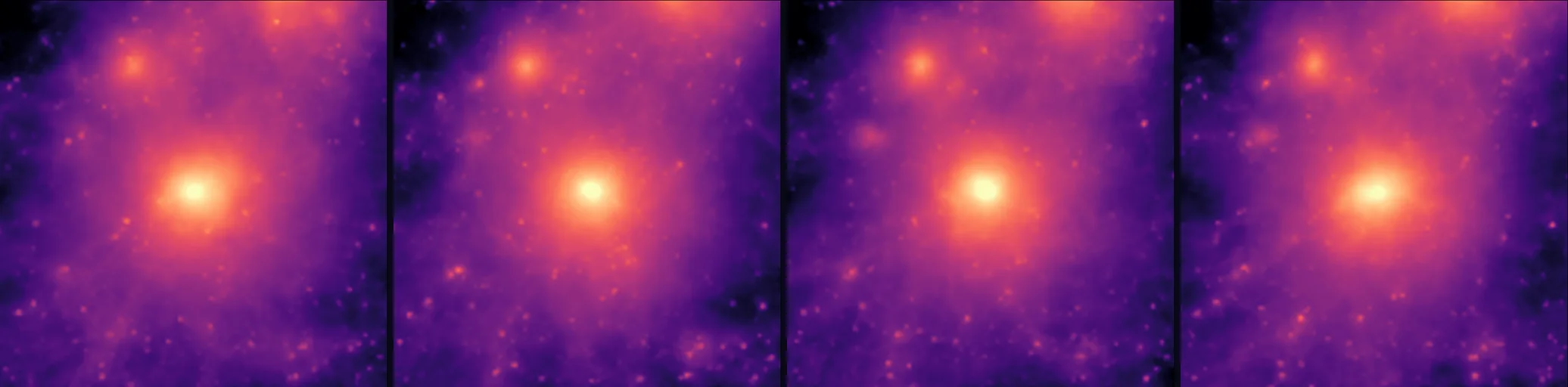 Four side-by-side BIND draws of the same halo with identical parameters, each showing different small-scale structure