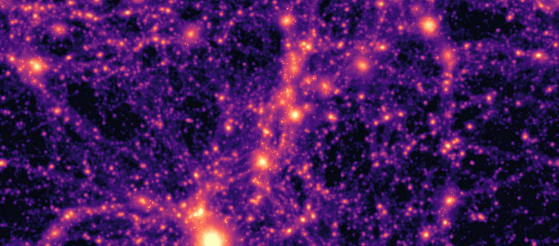 A wide slice of a 50 Mpc/h simulation volume: BIND-generated gas pasted onto the halos of the dark-matter cosmic web