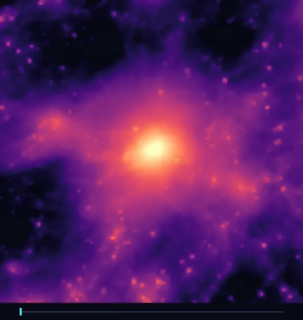 Animation of the same halo's gas field as the AGN radio feedback parameter sweeps across its prior, with a position indicator below